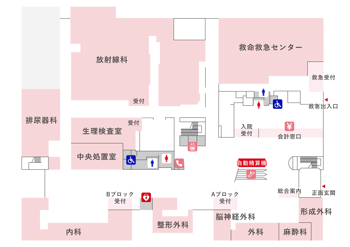 1F　救急センター / 外科/内科 / 泌尿器科 / 放射線科