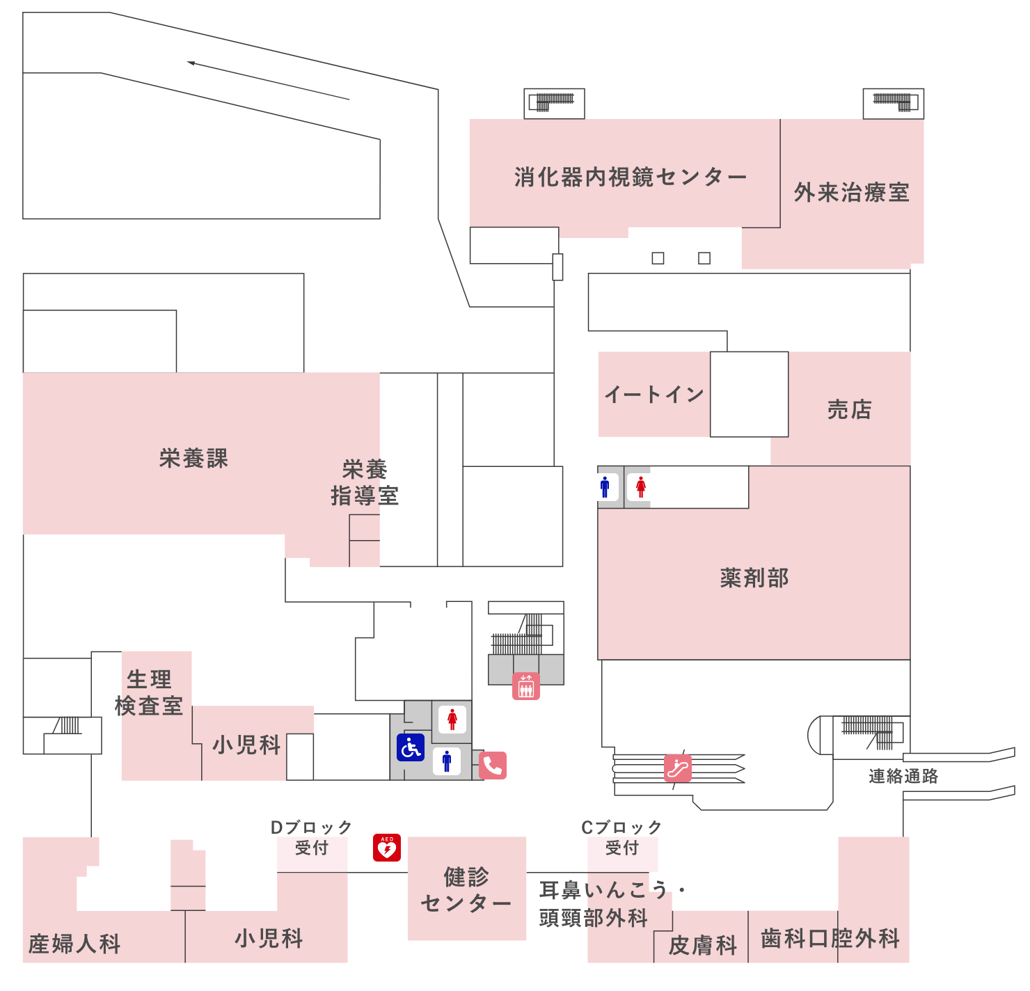 2F　小児科 / 産婦人科 / 耳鼻咽喉科 / 皮膚科 / 歯科口腔外科